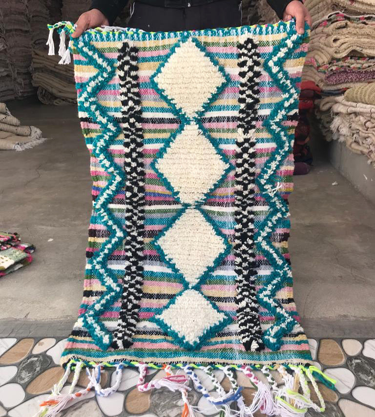 Tapis Béni Ouarain Neuf tissé sur un Kilim Neuf Guimauve 1