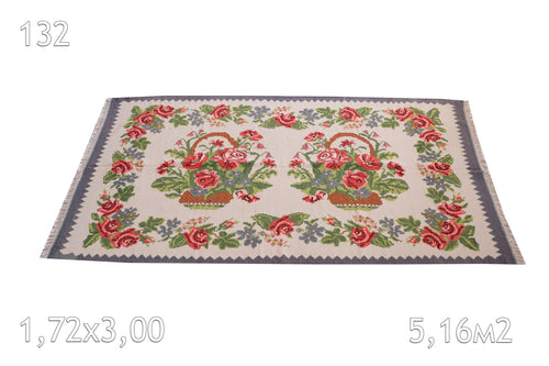 Tapis kilim De Moldavie Tissé en Laine Vintage Fleurs