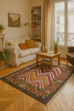 Charger l&#39;image dans la galerie, Tapis Moldave géométrique taille moyenne. Dans un salon parisien.
