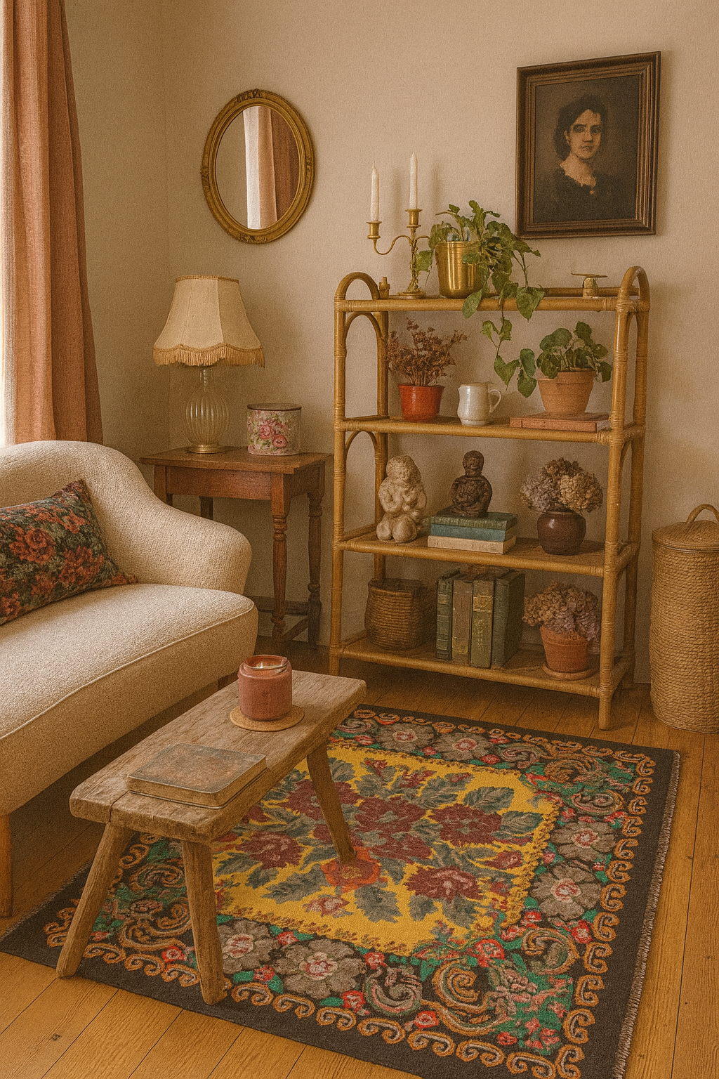 Joli tapis Moldave de taille moyenne tons jaunes et vert. Rozen kilim. authentique.