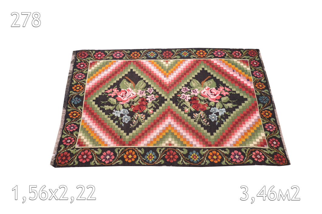 Tapis kilim Moldavie Tissé en Laine Ancien Motif Floral