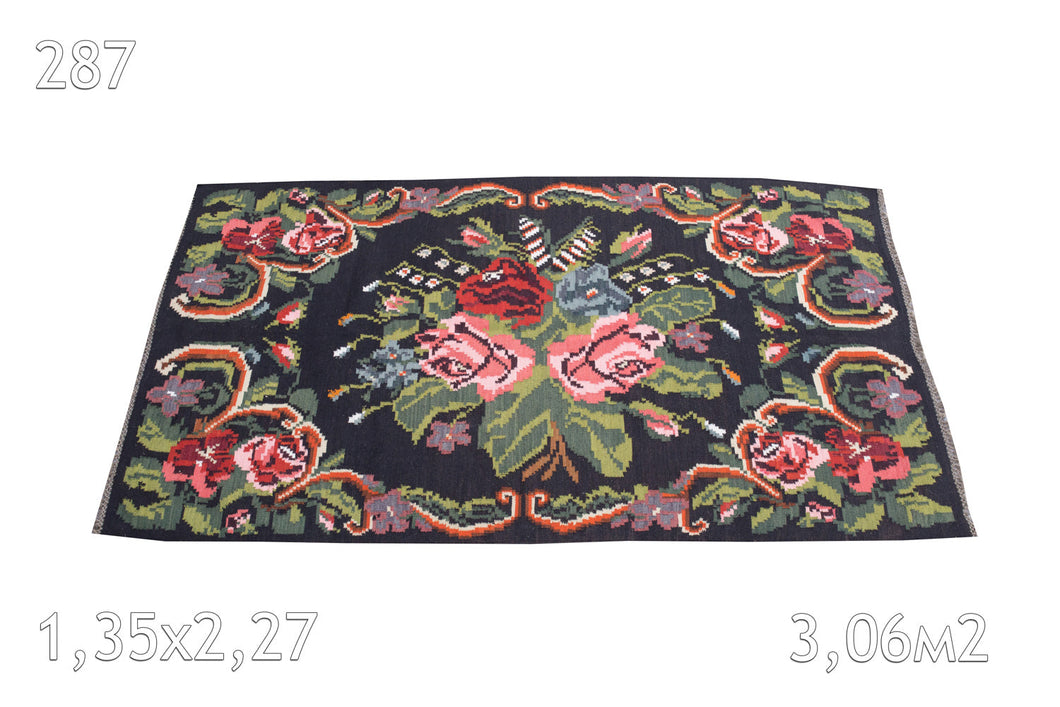 Tapis kilim Moldavie Laine Ancien Fleurs